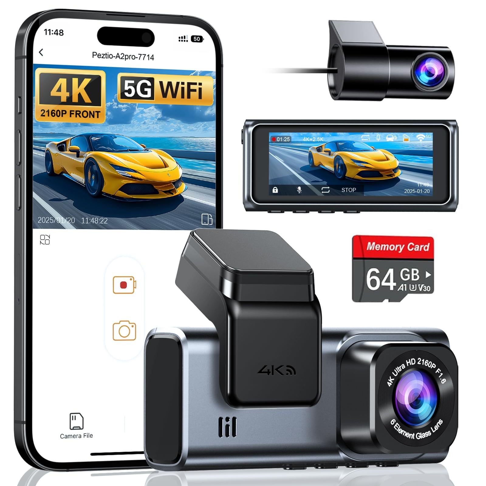 4K+2.5K WiFi Dash Cam Front and Rear, Built-in 5G WiFi, Free 64GB Card, Dash …