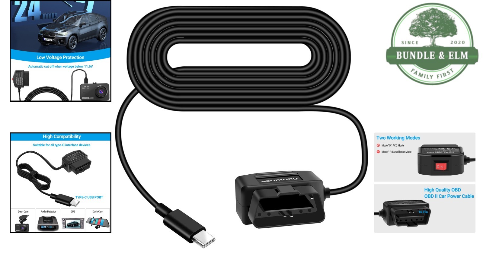 Type-C OBD Hardwire Charger for Dash Cameras with Switch Button Functionality
