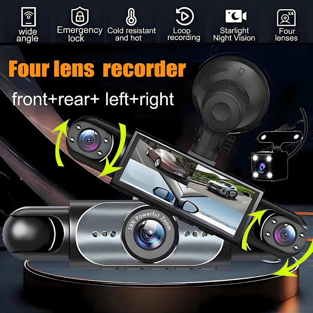 360° 4 Channel 1080P HD Car Dash Cam Front and Rear Inside Left Right +64GB CARD