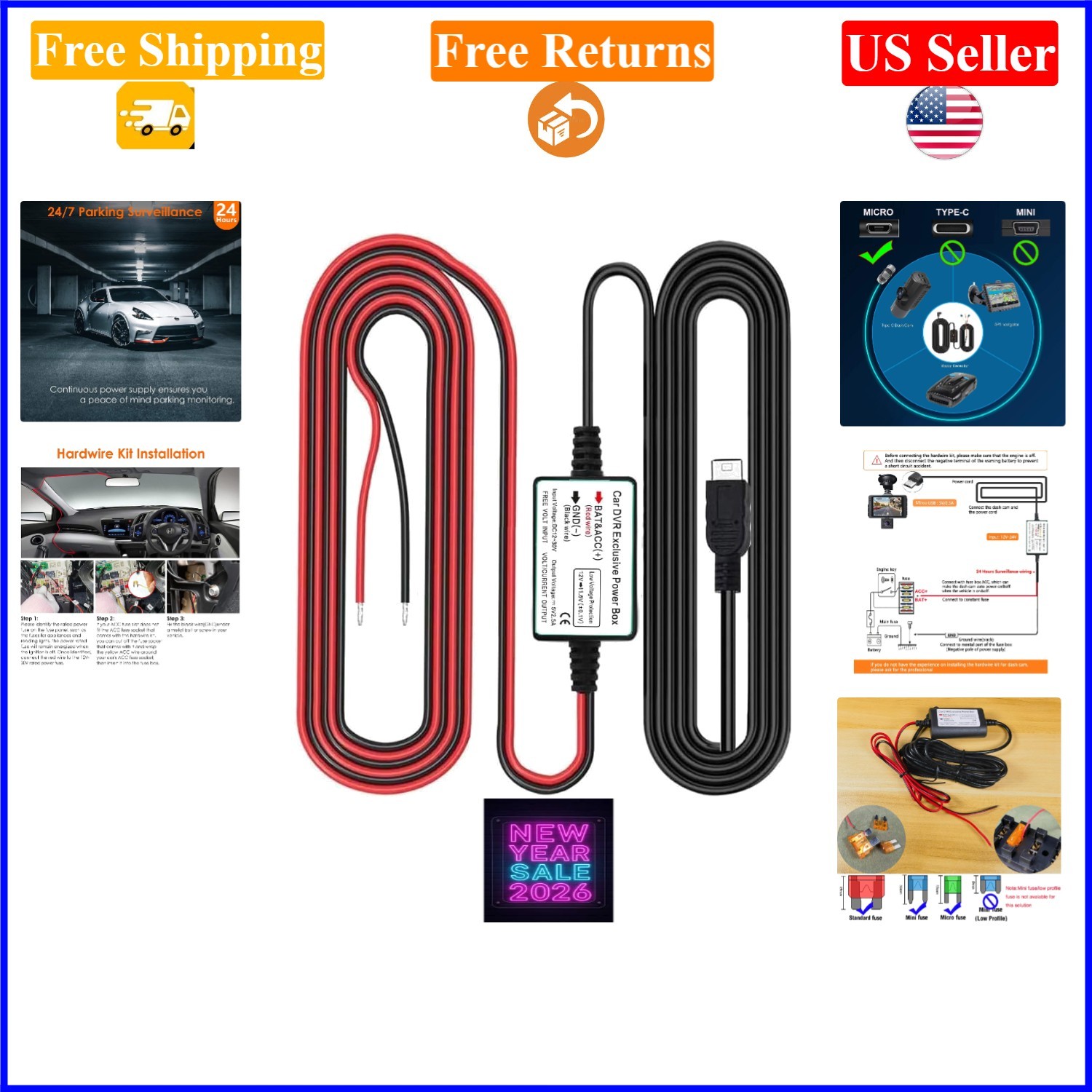 Car Hardwire Kit for Dash Cam, Micro USB, 24h Surveillance, Low Voltage