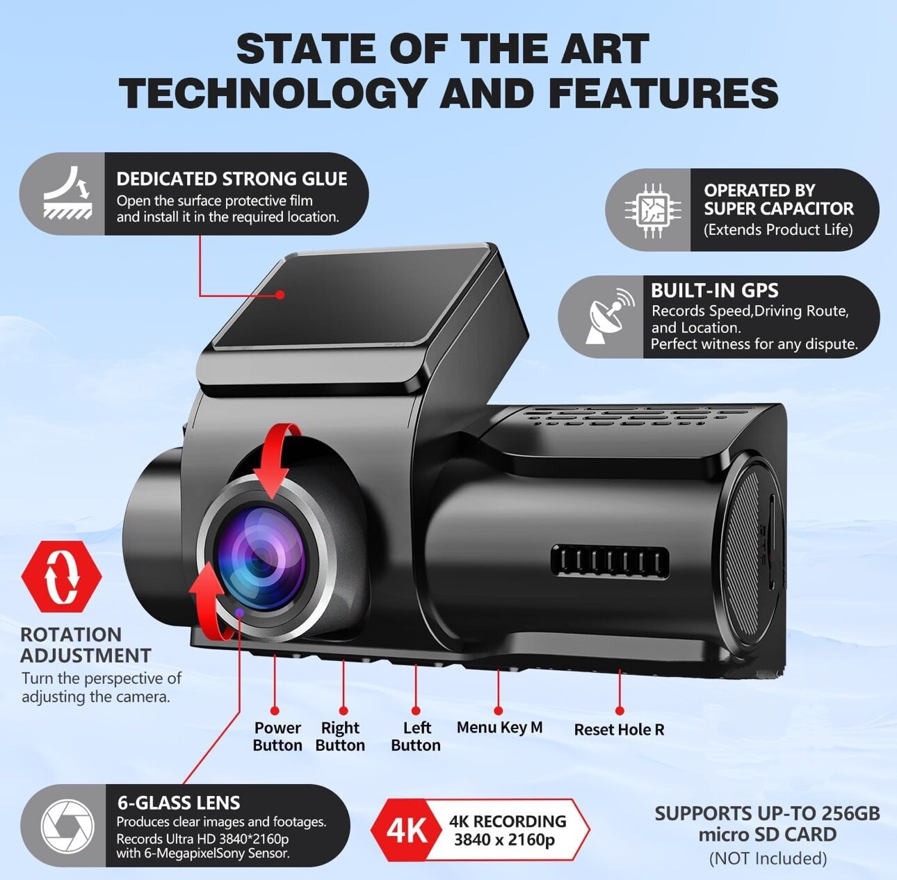 4K Dash Cam Front Rear 2160P UHD Wi-Fi GPS Free 64GB Card Night Vision 3.2” IPS