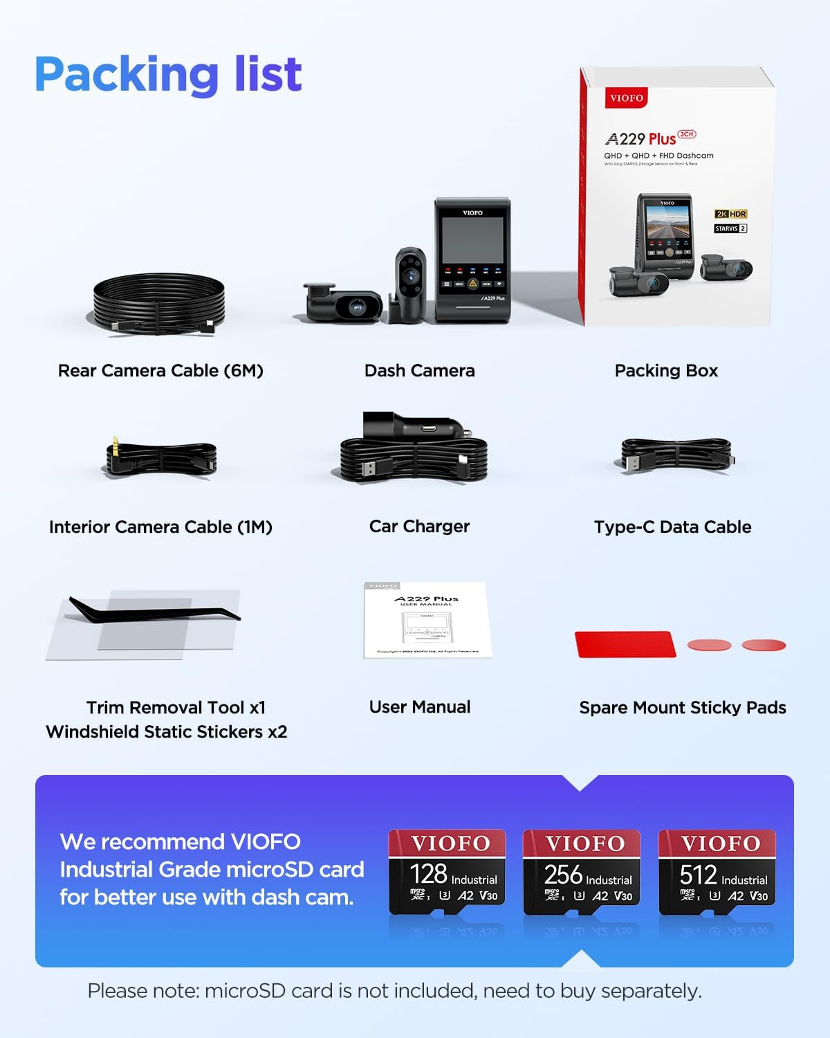 A229 plus 3 Channel Dash Cam Dual STARVIS 2 Sensors 3-Channel HDR 1440P+1440P+10