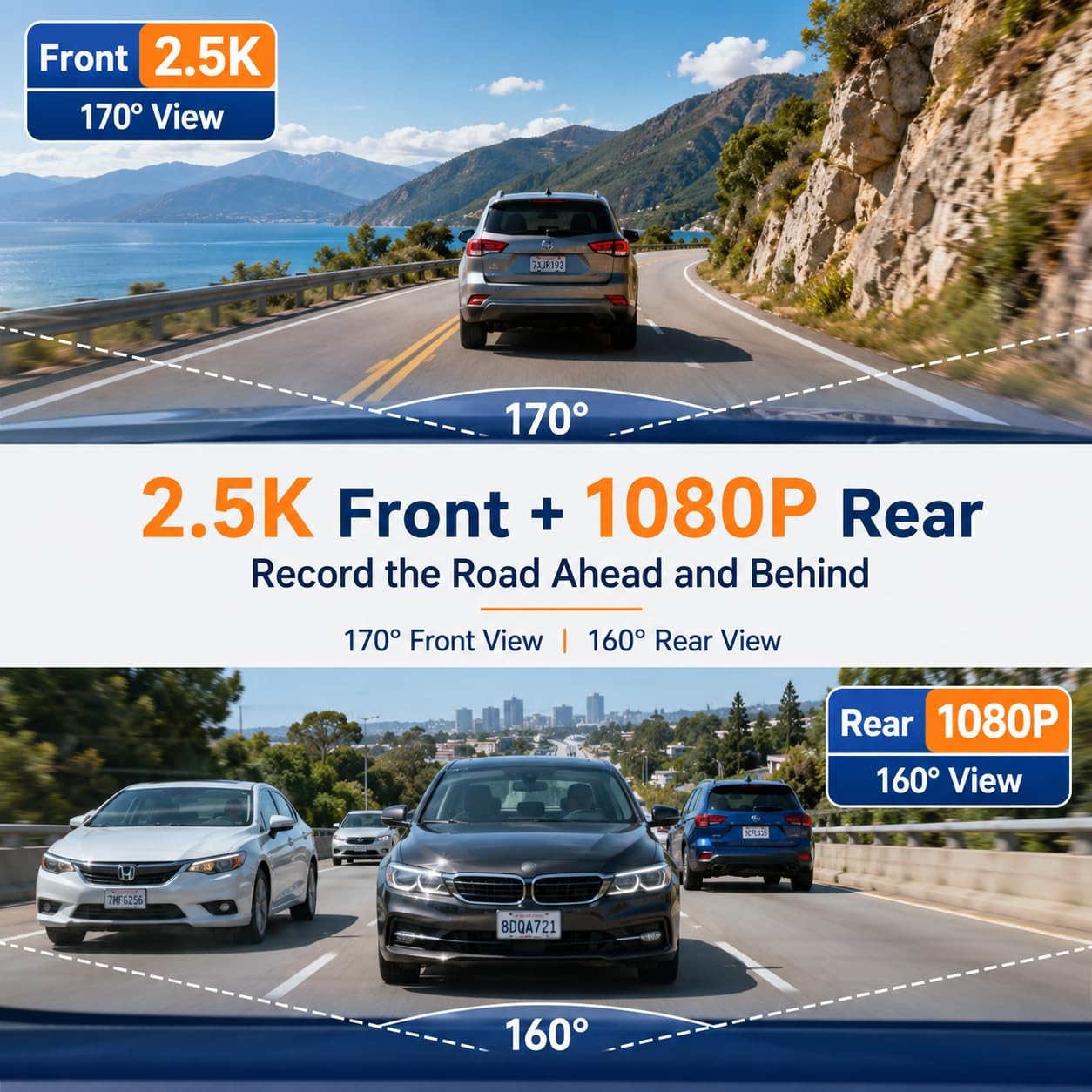 Dash Cam Front and Rear, 2.5K+1080P Dual Camera for Cars, 2″ IPS Screen