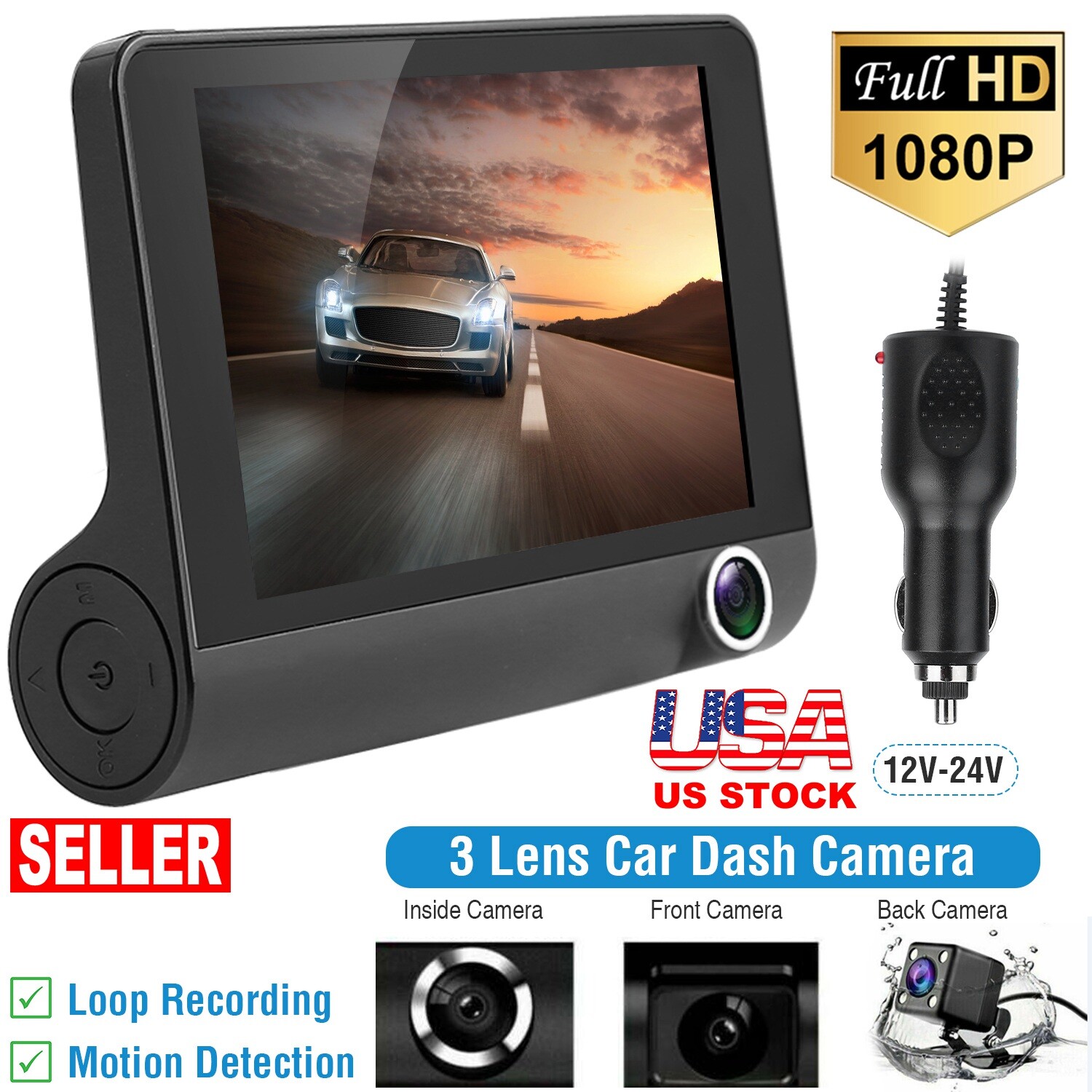 4″ 1080P 3 Lens Car DVR Video Dash Cam Front/Inside Camera Motion Detection