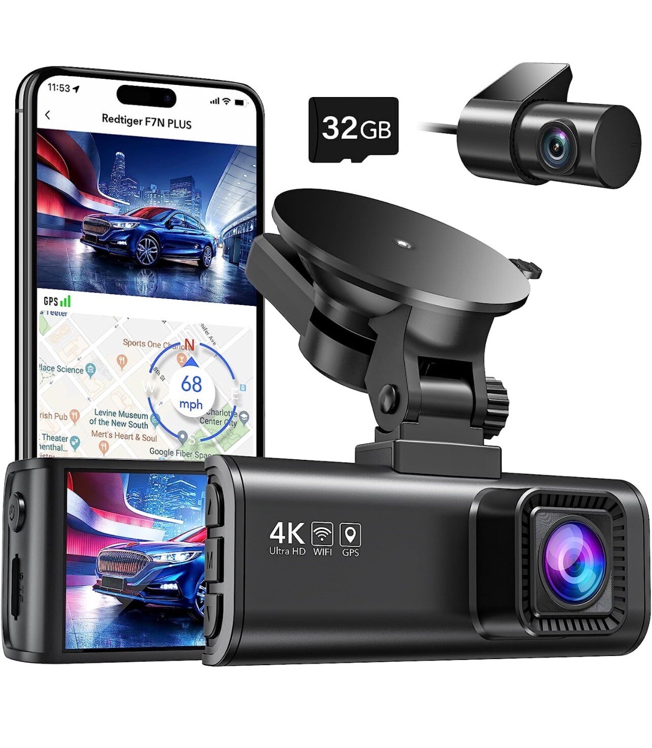 REDTIGER Dash Camera Front and Rear 4K Dash Cam Built-In WiFi with Hardwire kit
