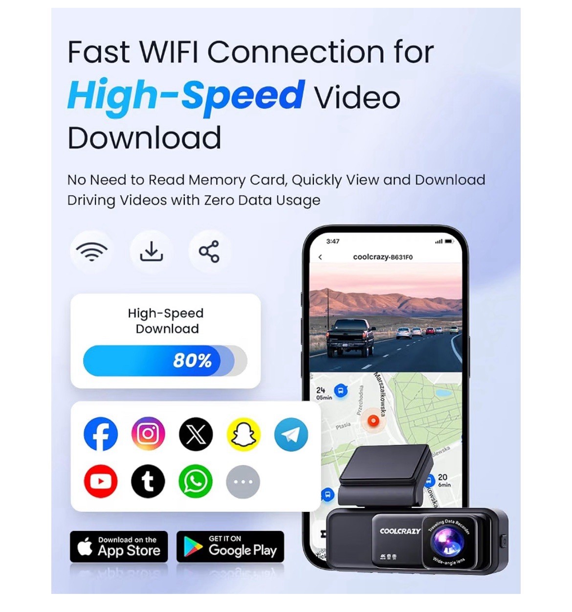 COOLCRAZY 4K Dash Cam Front, Built-in WiFi GPS, 3.2″ IPS Screen