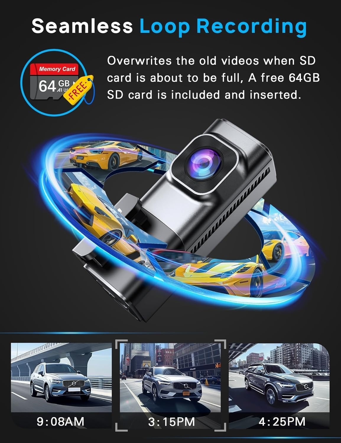 Cámara de salpicadero para coches frontal 4K y trasera 1080p con tarjeta de 64GB