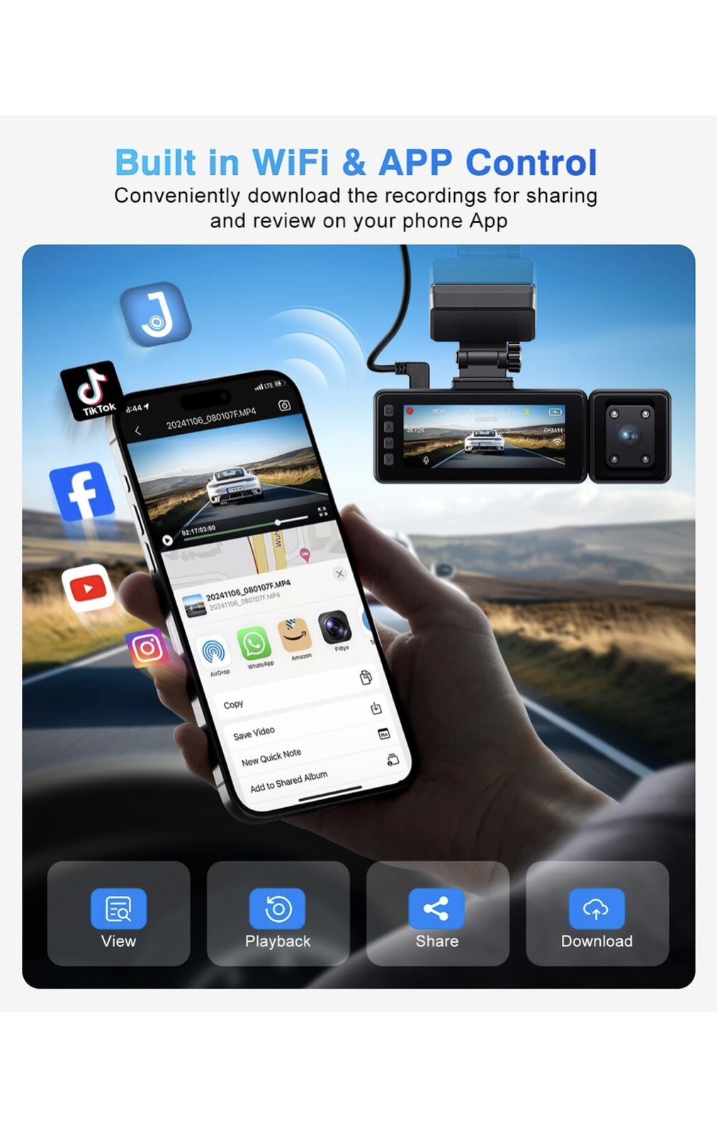 3 Channel Dash Cam with Wifi GPS, 4K+2K Front and Inside, 2K+1080P+1080P Front a
