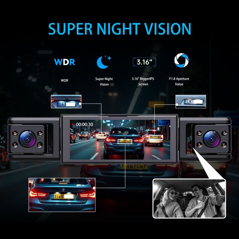 Dash Camera 1080P Front Rear Dash Cam 4-Channel Night Vision Adjustable +64CB