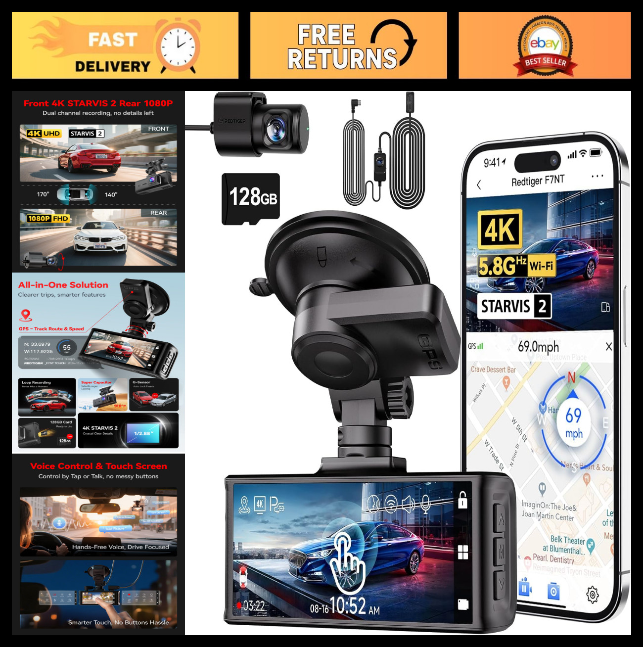 4K Dash Cam Front & Rear, Touch Screen 3.18″, GPS, Night Vision, Voice Control,