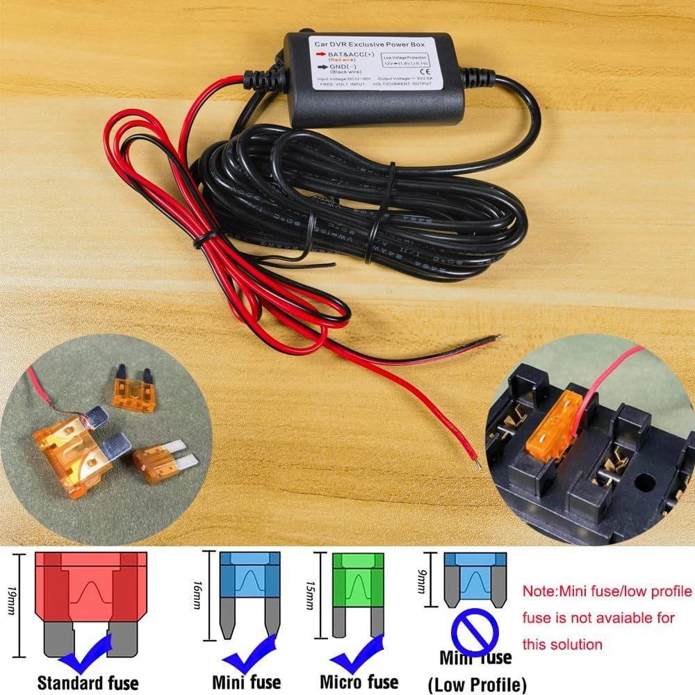 Dash Cam Hardwire Kit USB C 12V-24V to 5V 2.5A Low Voltage Fuse