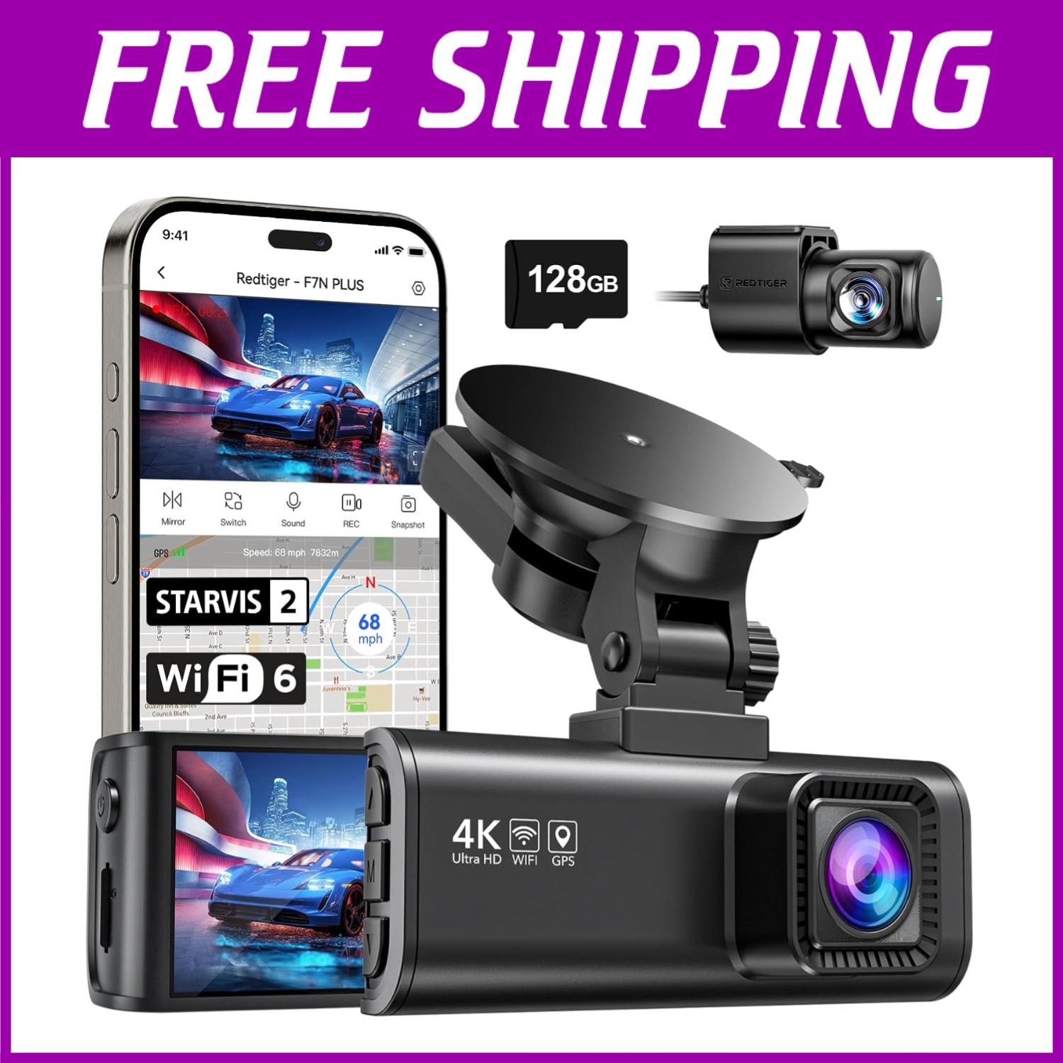 WiFi Dash Camera for Cars with GPS, Night Vision