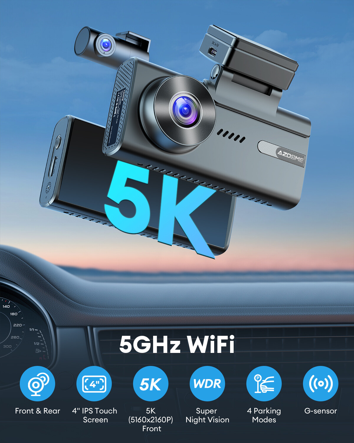 AZDOME 5K 4K+1K Dual Car Cameras 5GHz WiFi GPS 4″Touch Screen 64GB TF Free M580