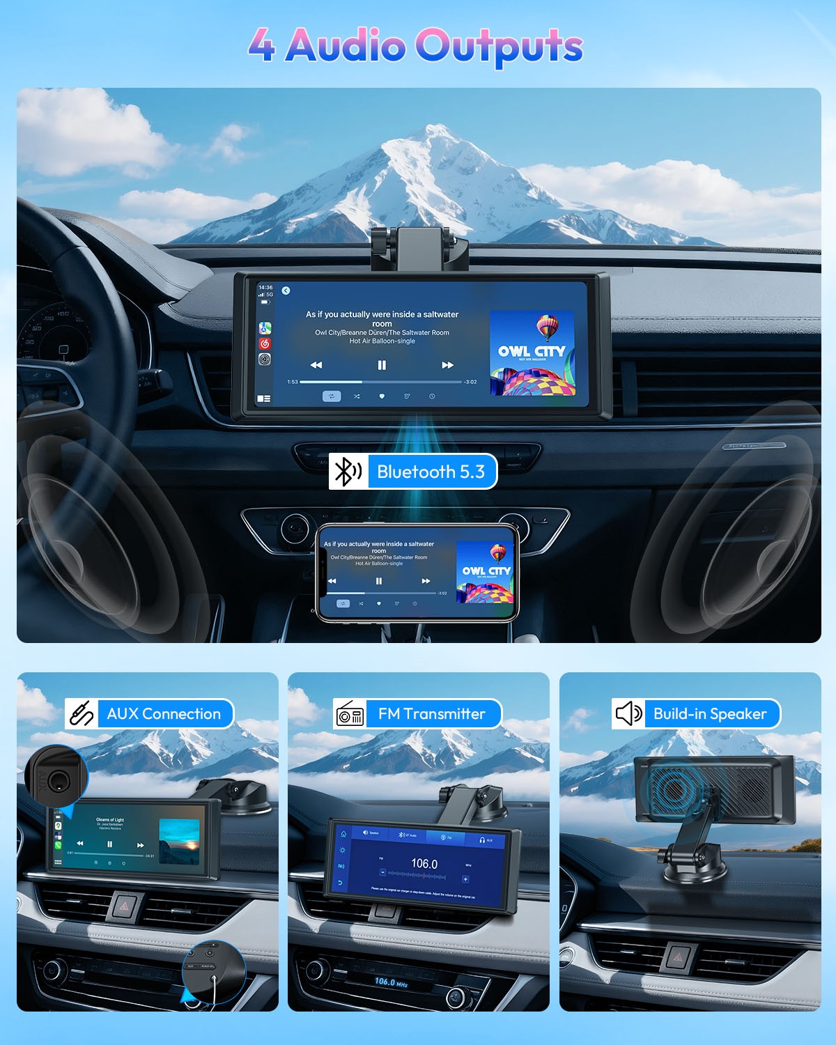 2026 Wireless Carplay Android Auto Screen for Car 10″ IPS Portable Touch Screen