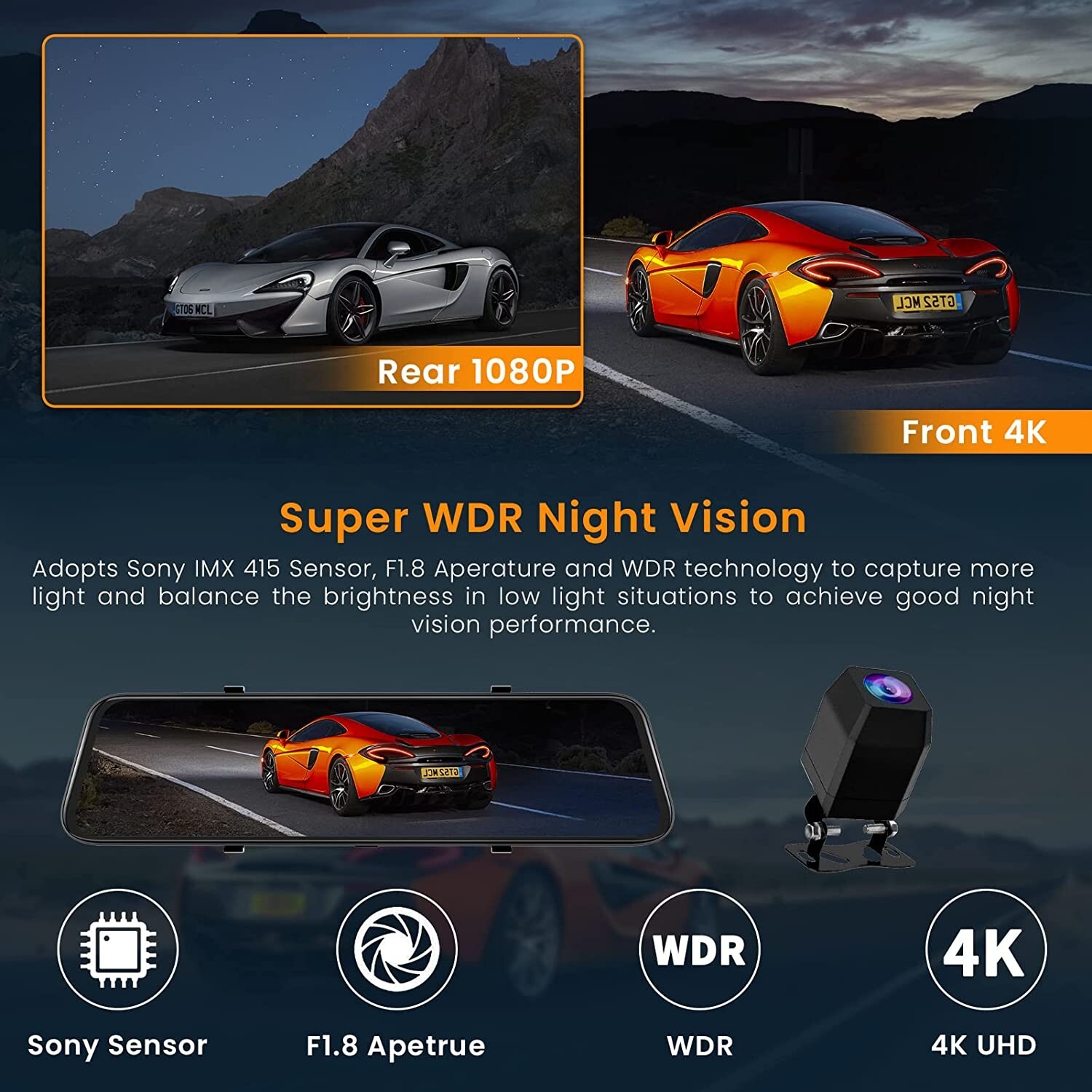 12” Mirror Dash Cam 4K Front and Rear Monitor Assistance with GPS WDR Camera