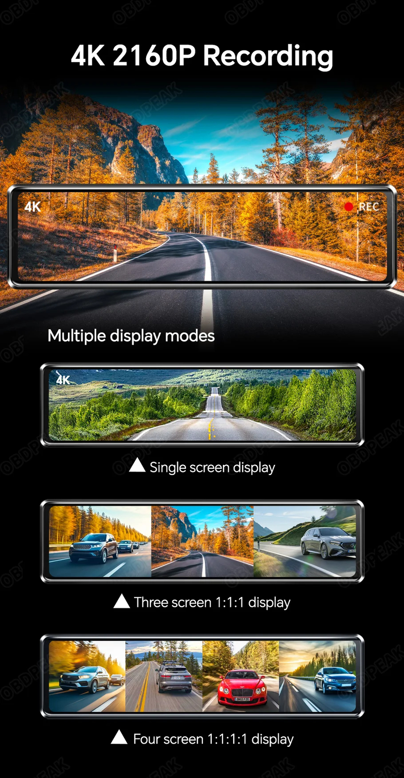 A8 4CH 11.26” Rearview Mirror Dash Cam 4K Front,Rear and Side FHD 3*1080P