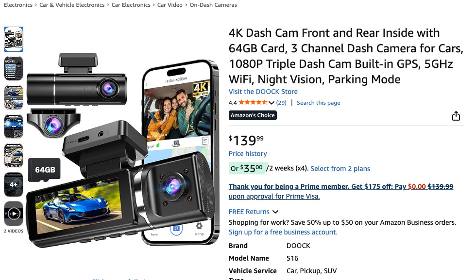 DOOCK 4K Dash Cam Front and Rear Inside with 64GB Card, 3 Channel Dash Camera