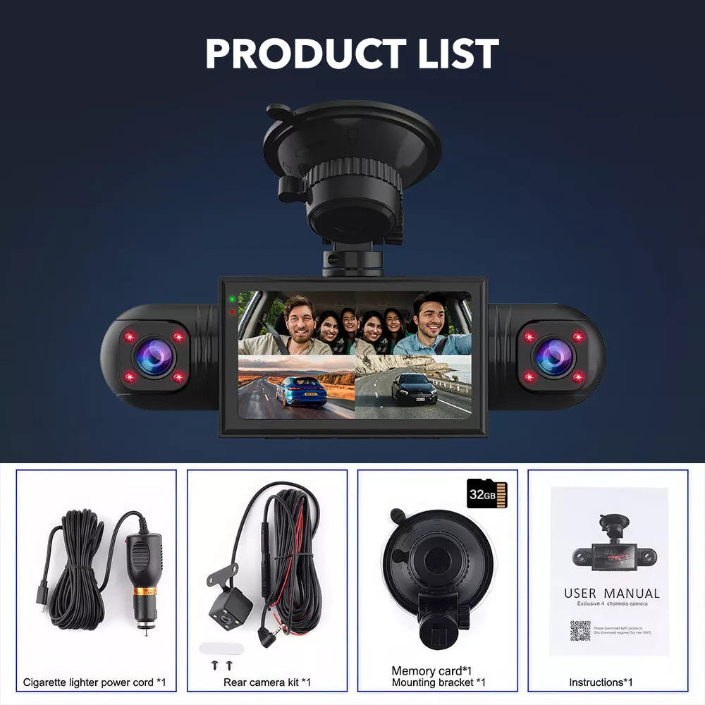 4 Channel Dash Cam Front and Rear Left Right Inside Camera for Cars + 32GB Card