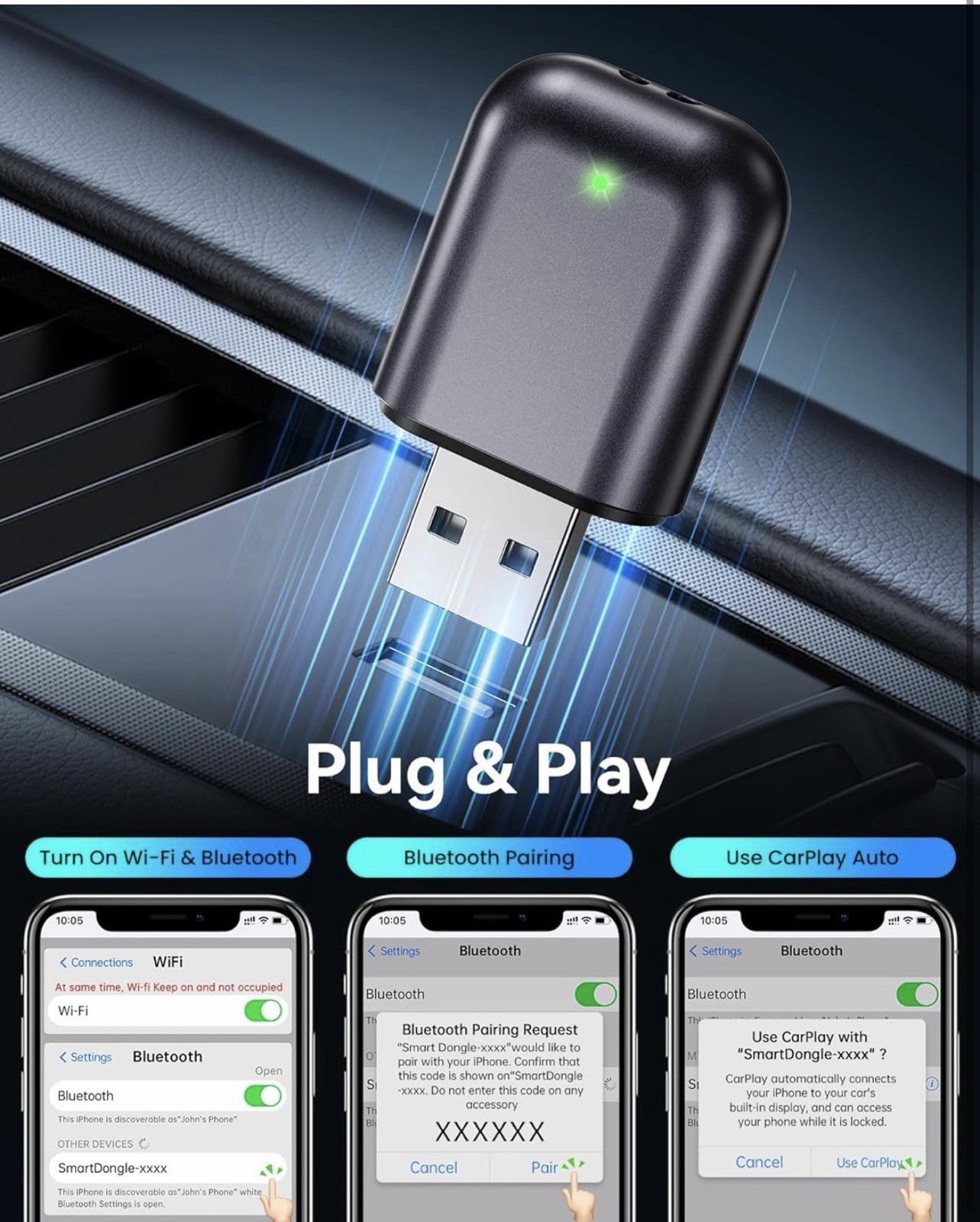 Wireless Carplay Adapter for iPhone 2025 Upgrade, Ultra-Mini USB Design for A…