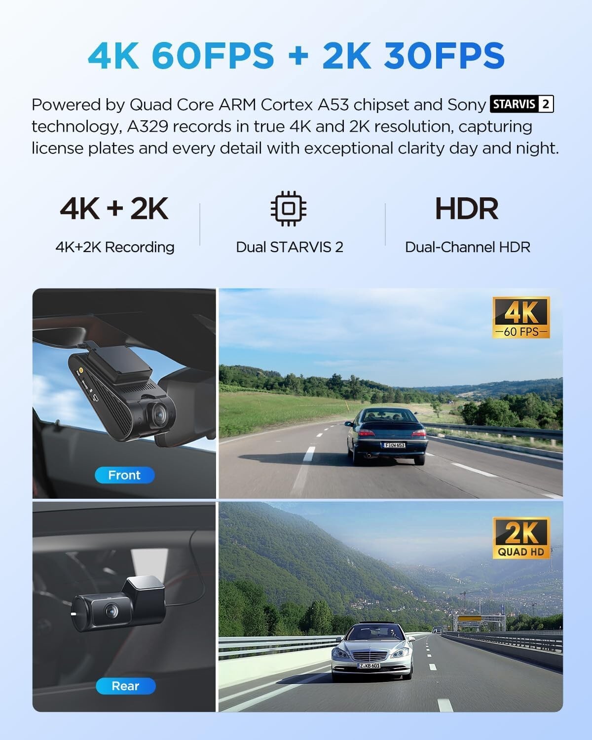 VIOFO A329 2CH 4K 60FPS Front and 2K Rear Wi-Fi 6 Dash Cam with Sony STARVIS 2