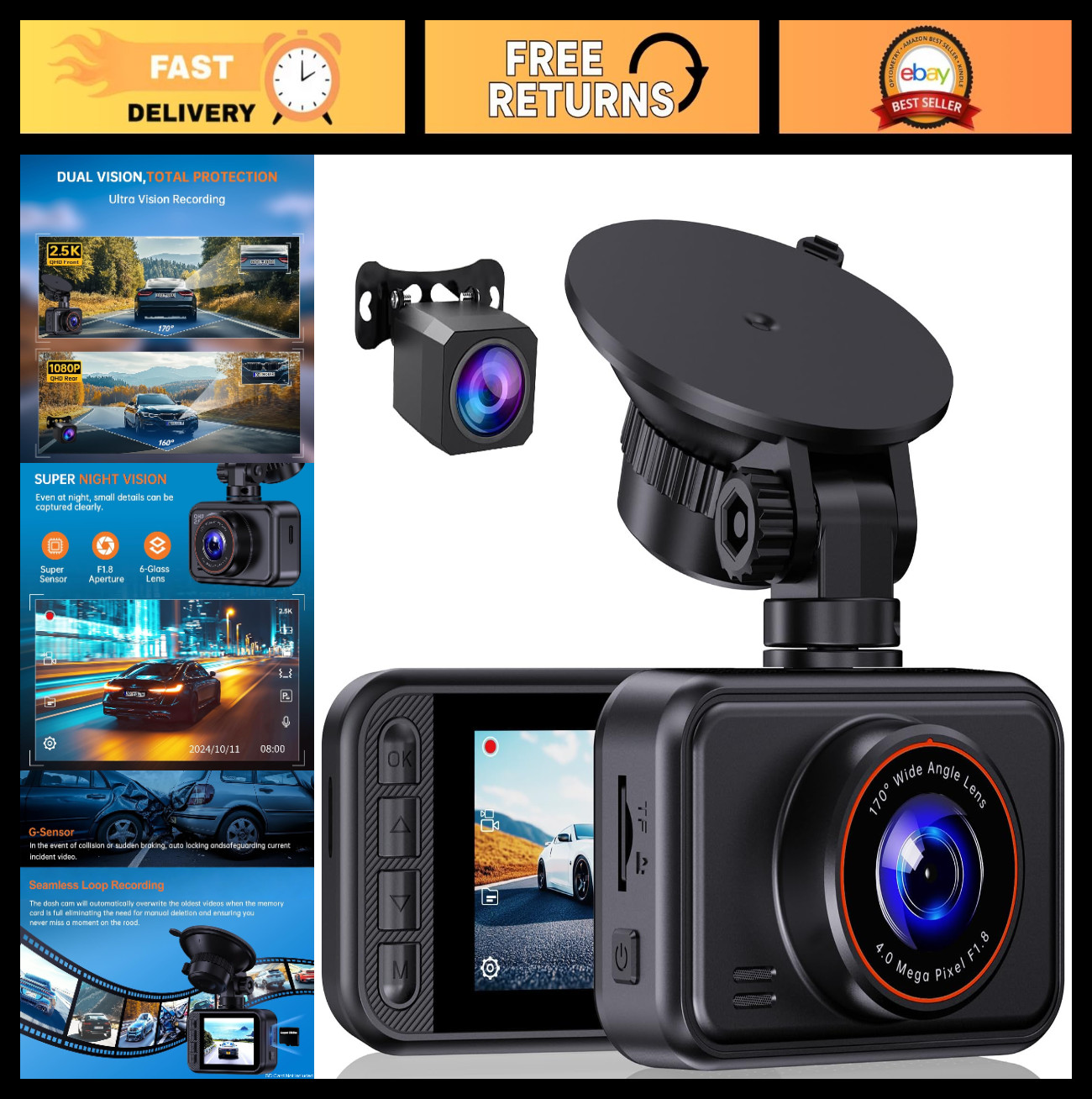 Dual Dash Cam Front and Rear 2.5K+1080P, WDR Night Vision, 170° Lens, G-Sensor,