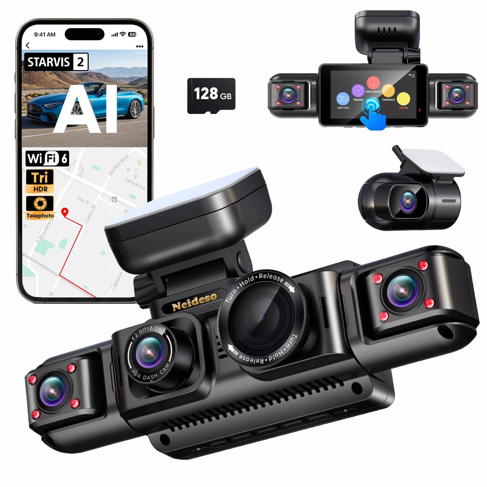 360 Degree 5 Channel Dash Cam 2K Front Telephoto WiFi GPS Night Vision 128GB