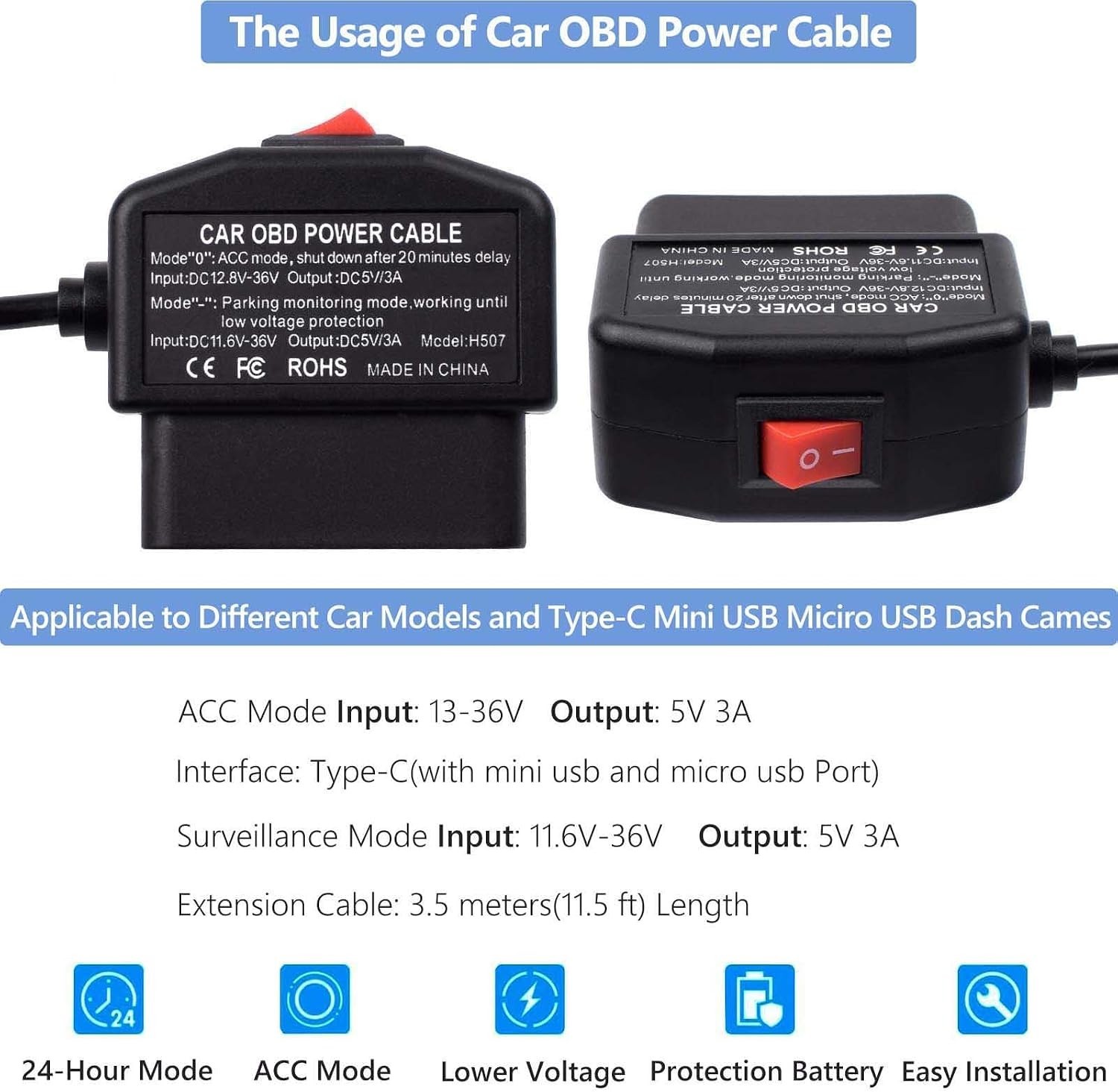 OBD Power Cable Kit Dash Camera USB to Type C Hardwire Kit for Dashcam 12-24V…