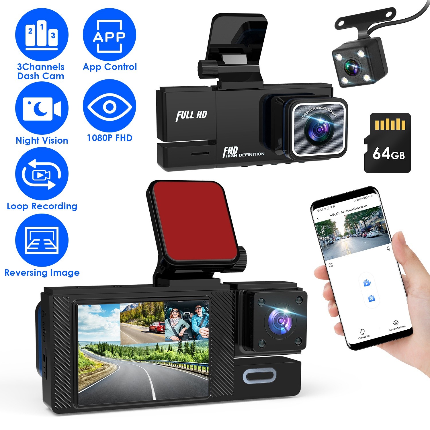 Car Dash Cam Front and Rear 1080P HD Night Vision Camera Video Recorder 64G Card
