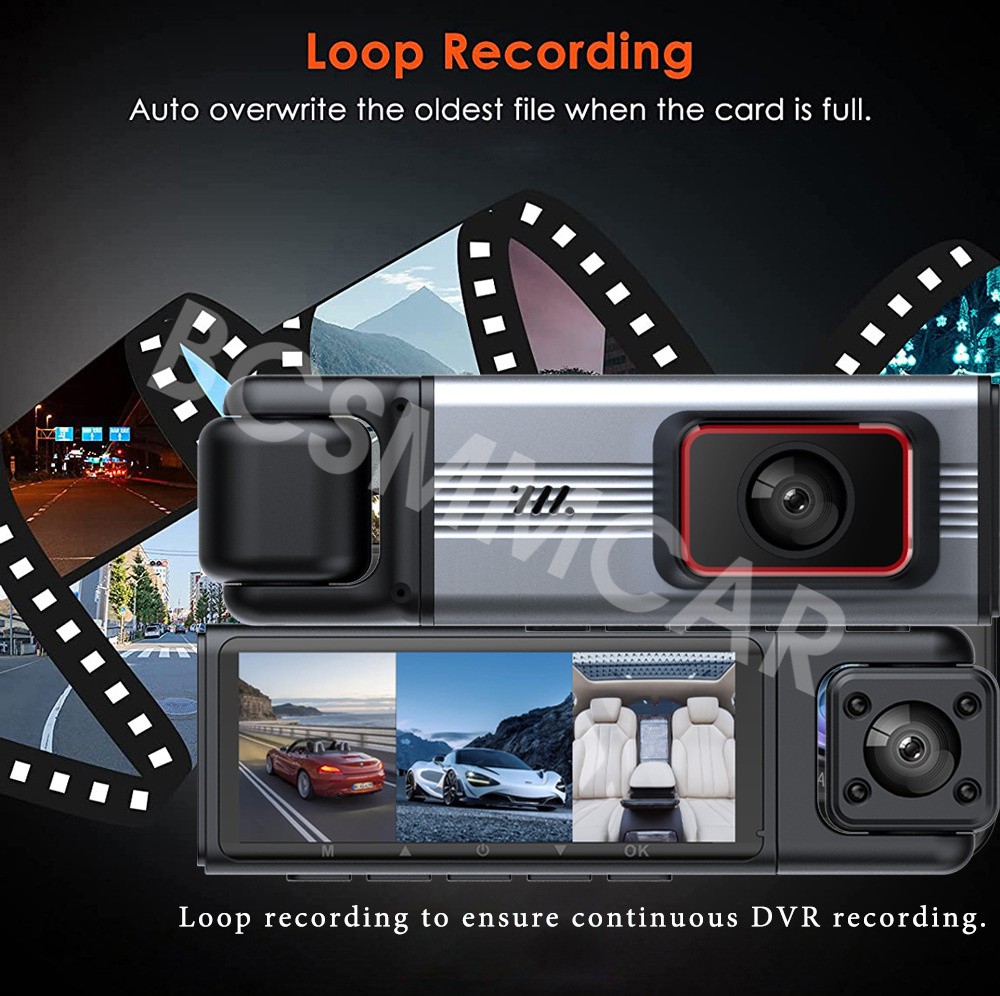 3-lens Car Dash Cam Video DVR Cycle Recording Phone APP Connection Night Vision