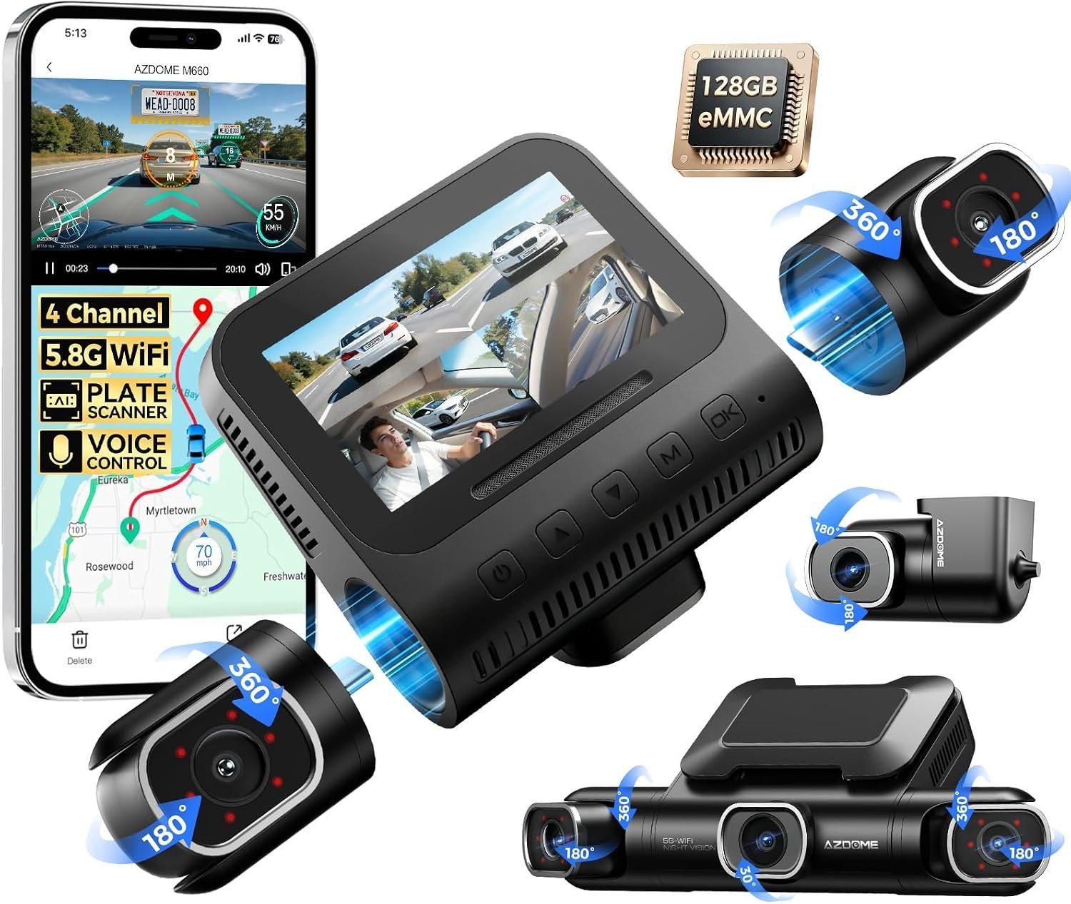 5G WiFi Dash Camera for Cars, Voice Control, IR Night Vision
