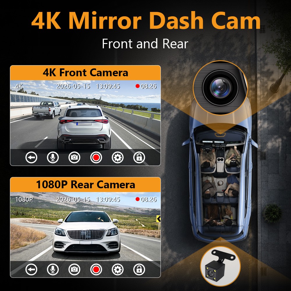 4K Dual Dash Cam Front Rear Dual Lens Dash Camera WIFI APP w/ 64GB TF Card NEW