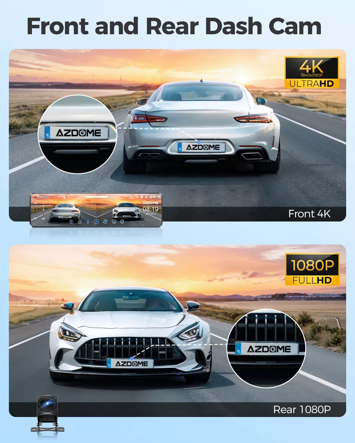 AZDOME 4K+1080P 12″ Streaming Media Mirror Dash Cam GPS WIFI Rear View Cameras