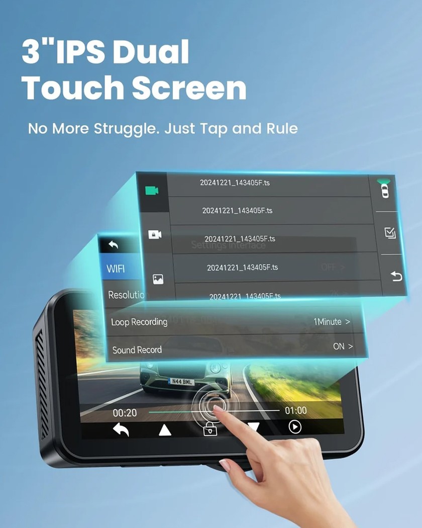 Coolcrazy N8 64GB Card 4K Dash Cam Front and Rear,Touch Screen,Loop Recording