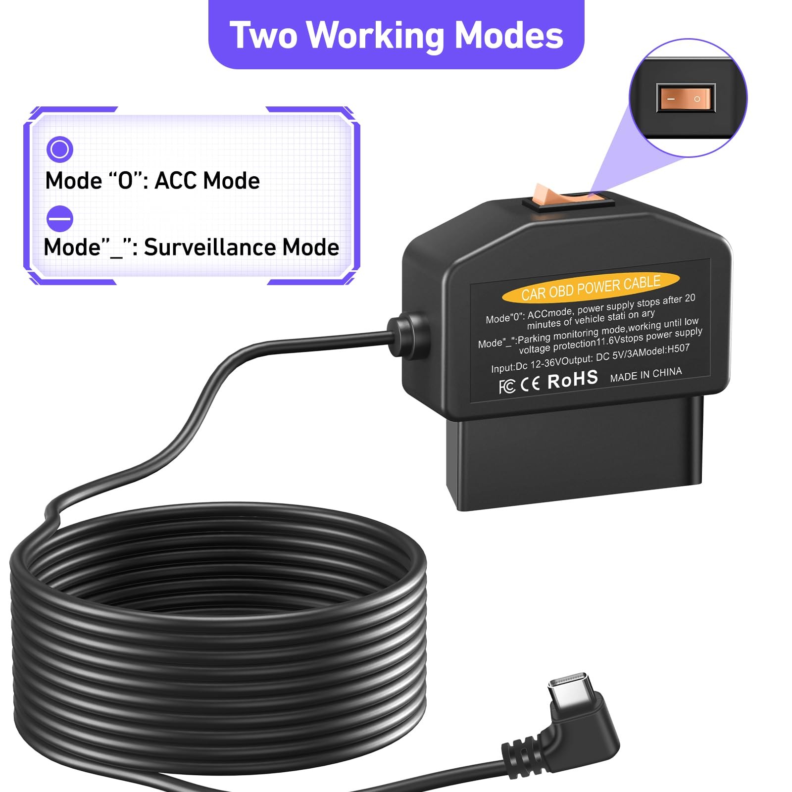 OBD2 OBD Power Cable for Dash Camera, OBD to Type-C USB OBDII Adapter Hardwir…