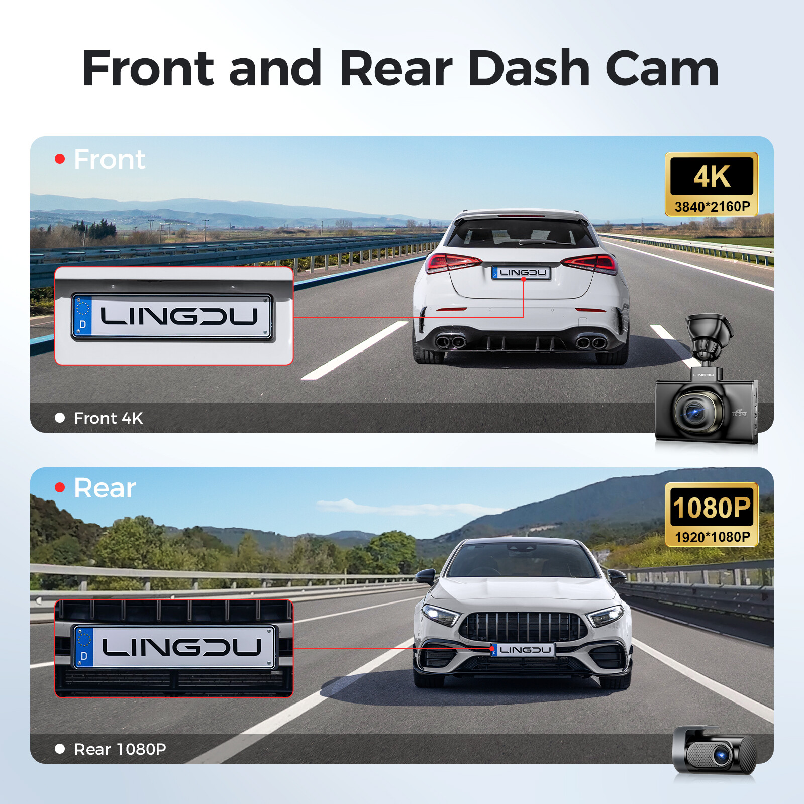 4K 3-Channel Dash Cam Front+Rear+Cabin UHD Dash Camera WiFi&GPS APP Night Vision