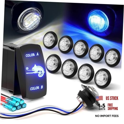 10pcs 3/4 Inch Dual-Color LED Marker Lights with 7-Pin Rocker Clear White-Blue