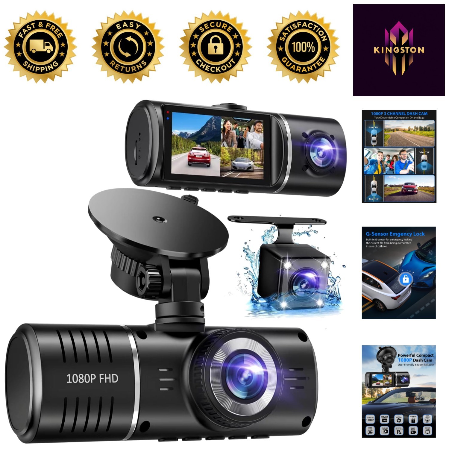 3-Channel Dash Camera 1080P with HDR & G-Sensor – All-Weather Security