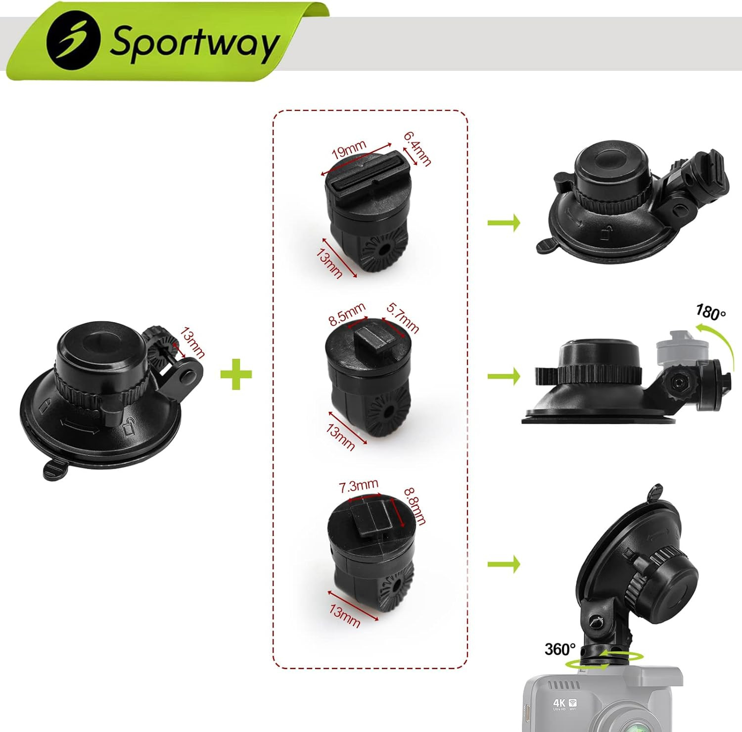 S503 Suction Cup Dash Cam Mount Holder (5Th Gen) with 3Pcs 360 Rotating Joints f