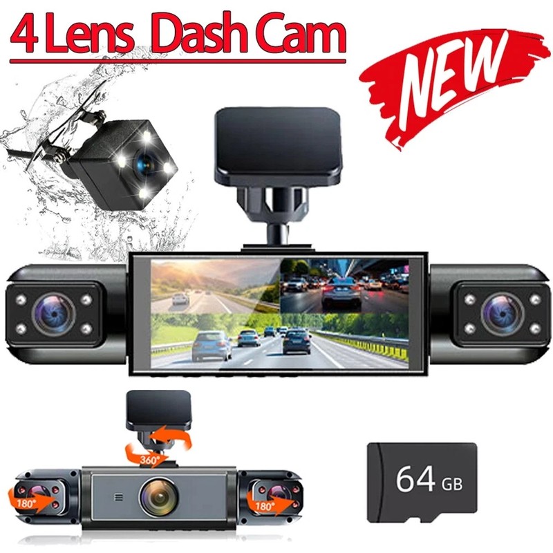 4 Channel Dash Cam 360° View, 1080P Front and Rear Inside, Left Right + 64GB