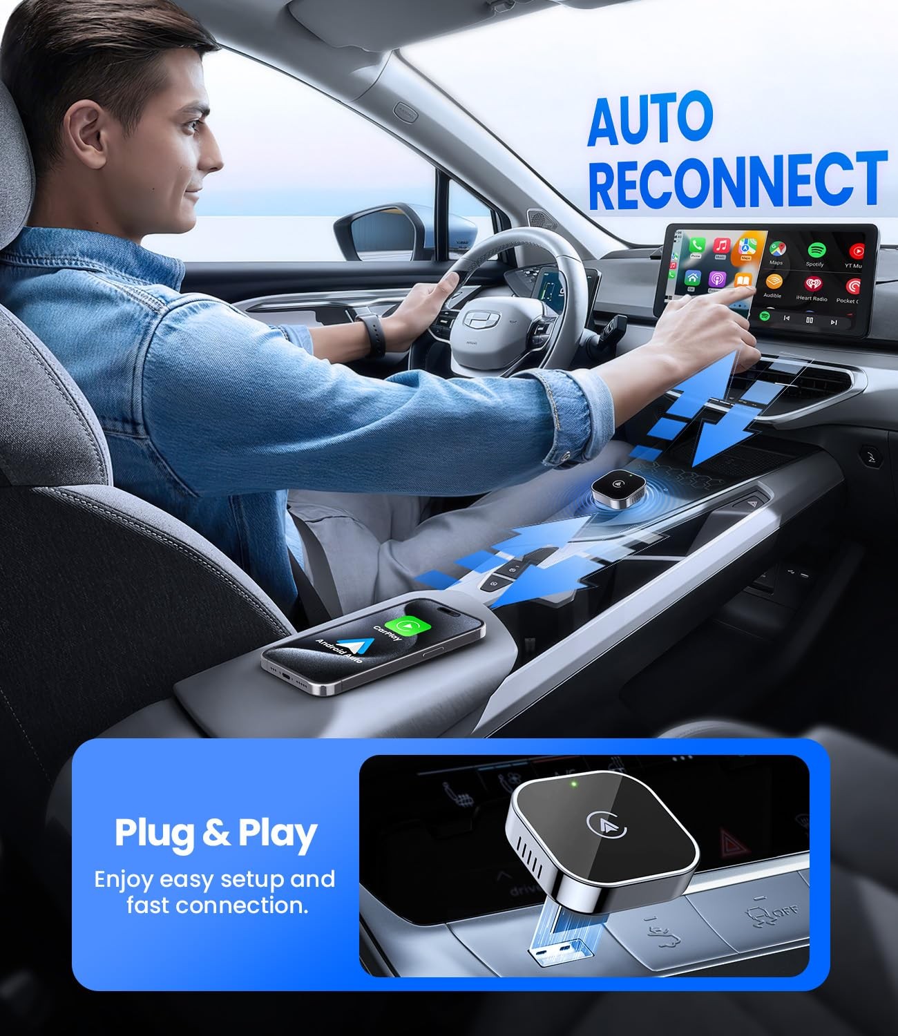 2 in 1 Wireless CarPlay Android Auto Adapter Plug Play Compact Car Upgraded