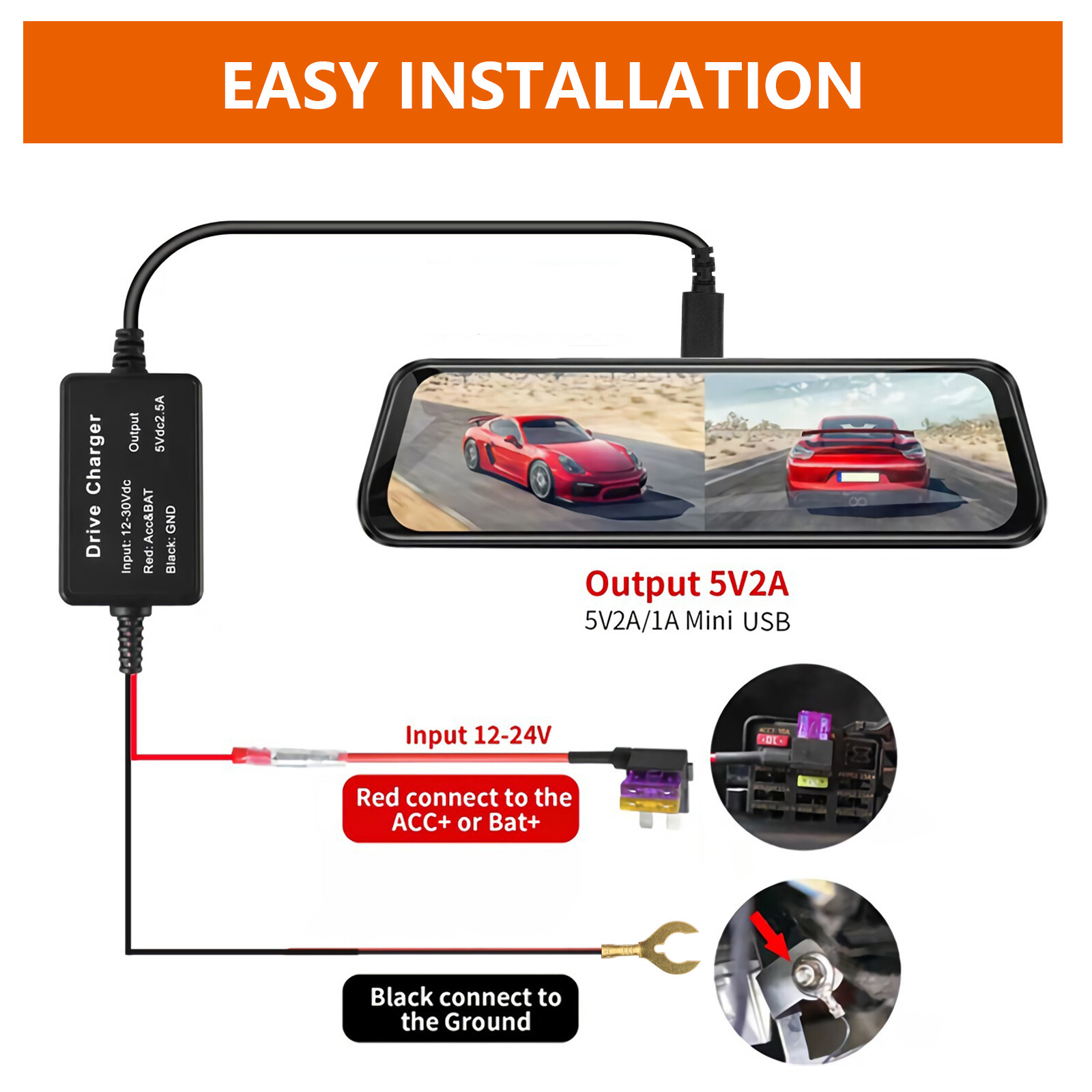 Universal Mini Type C Dash Cam Hard Wire Cable Fuse Kit DC 12V-24V to 5V Car DVR