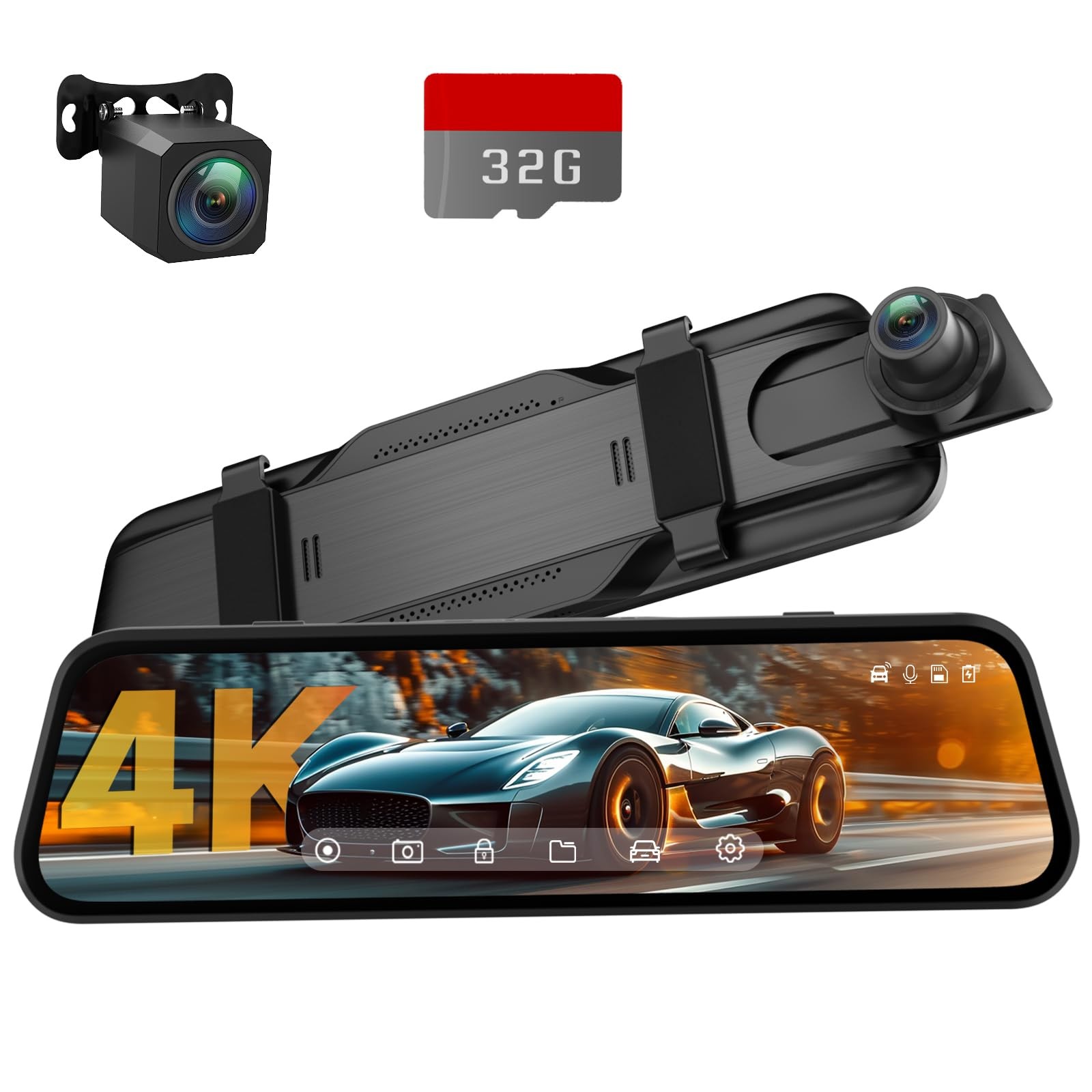 4K Mirror Dash Cam with 1080P Backup, Voice Control, Night Vision, 32GB SD Card