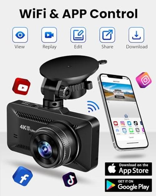 Dash Cam Front Rear 4K/1080P, Dash Camera for Cars Build in WiFi, Full HD Black