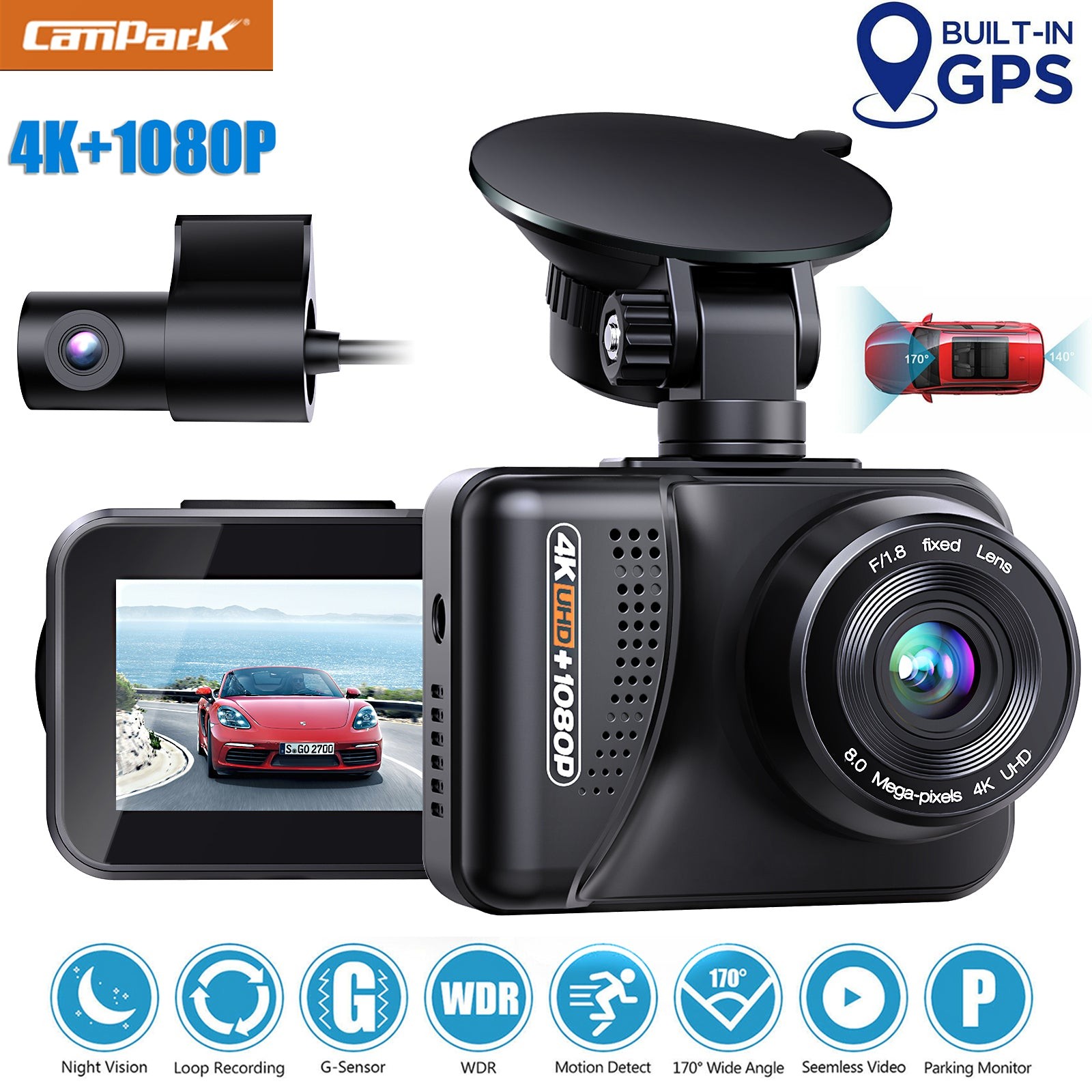 Campark GPS 4K 1080P Dual Dash Cam Front Rear Car Dash Camera Night Vision