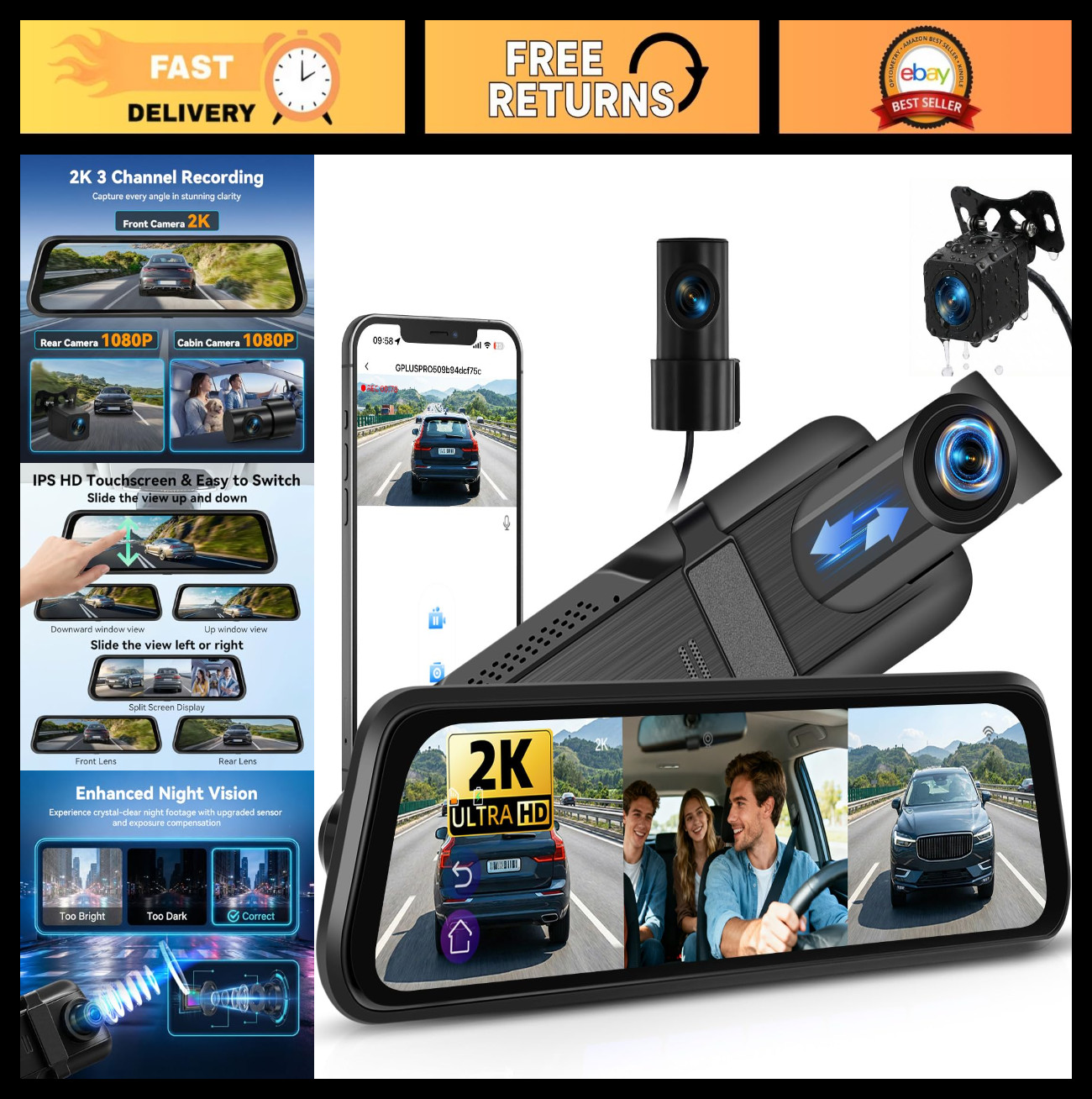 3 Channel Mirror Dash Cam 2K + 1080P Inside & Rear Cameras, 9.66″ Touch Screen,