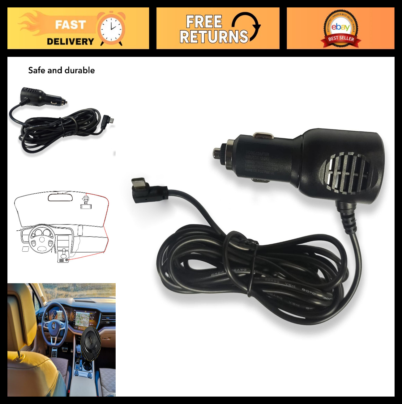 Type-C Car Charger Adapter for Dash Cam, Vehicle Power Cable Cord Replacement