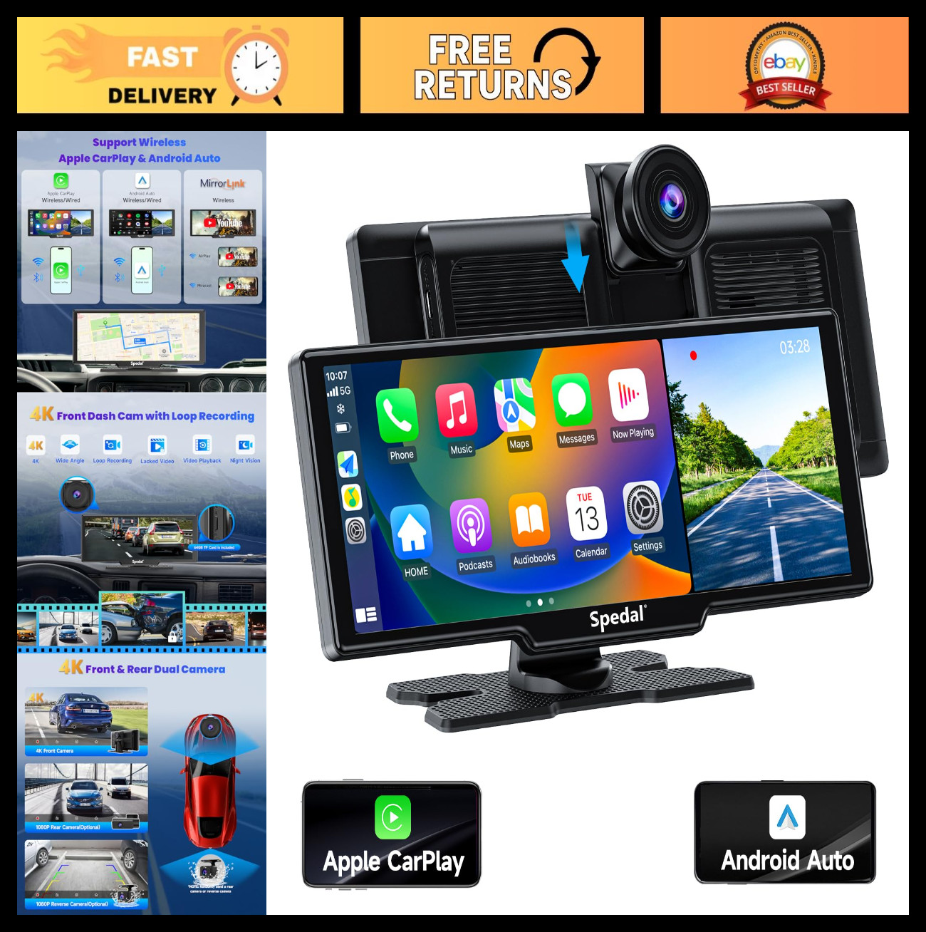 9.3″ Portable CarPlay Screen & 4K Dash Cam – Wireless Apple CarPlay, Android Aut