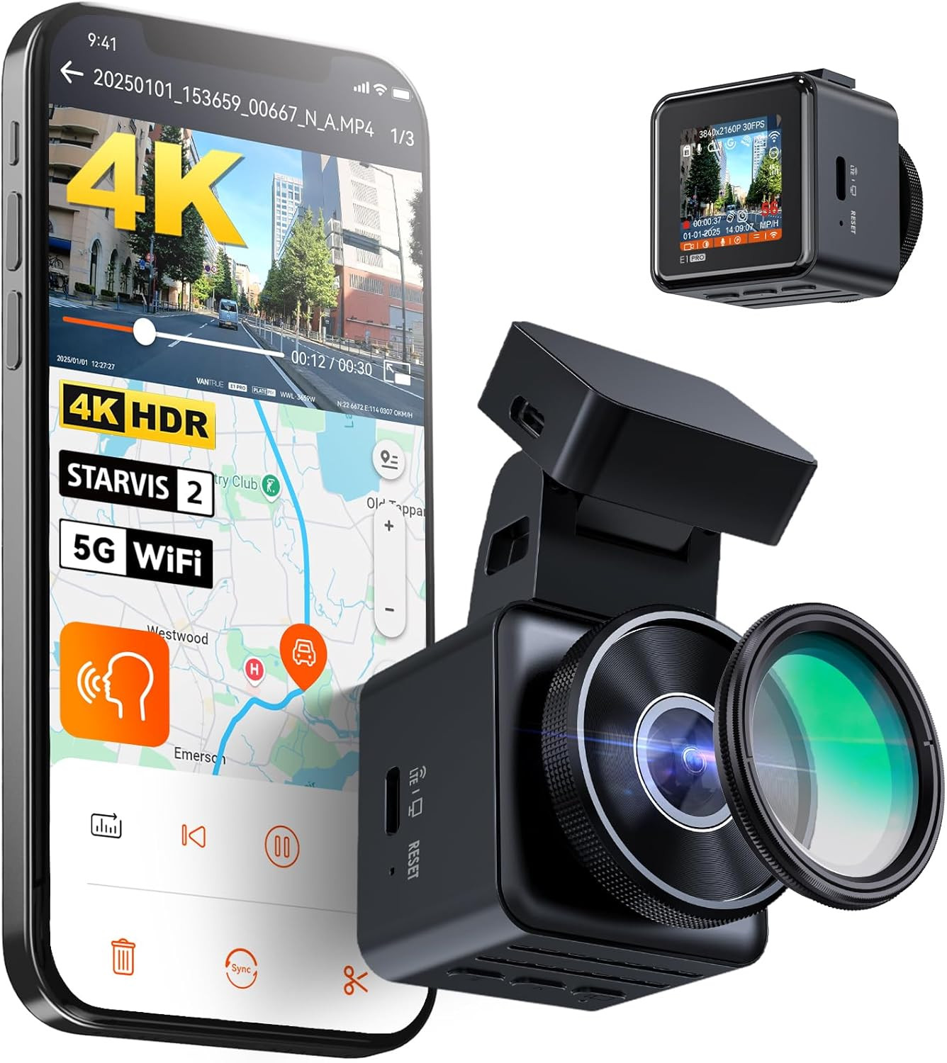 E1 Pro 4K Mini Dash Cam Front, STARVIS 2 Platepix HDR Night Vision Car Camera, B