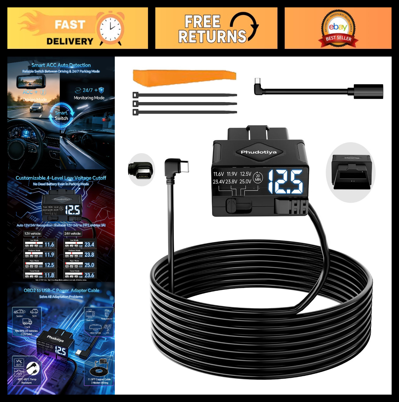 OBD2 to USB-C Dash Cam Hardwire Kit, 24/7 Parking Mode, 12V-24V Power Cable