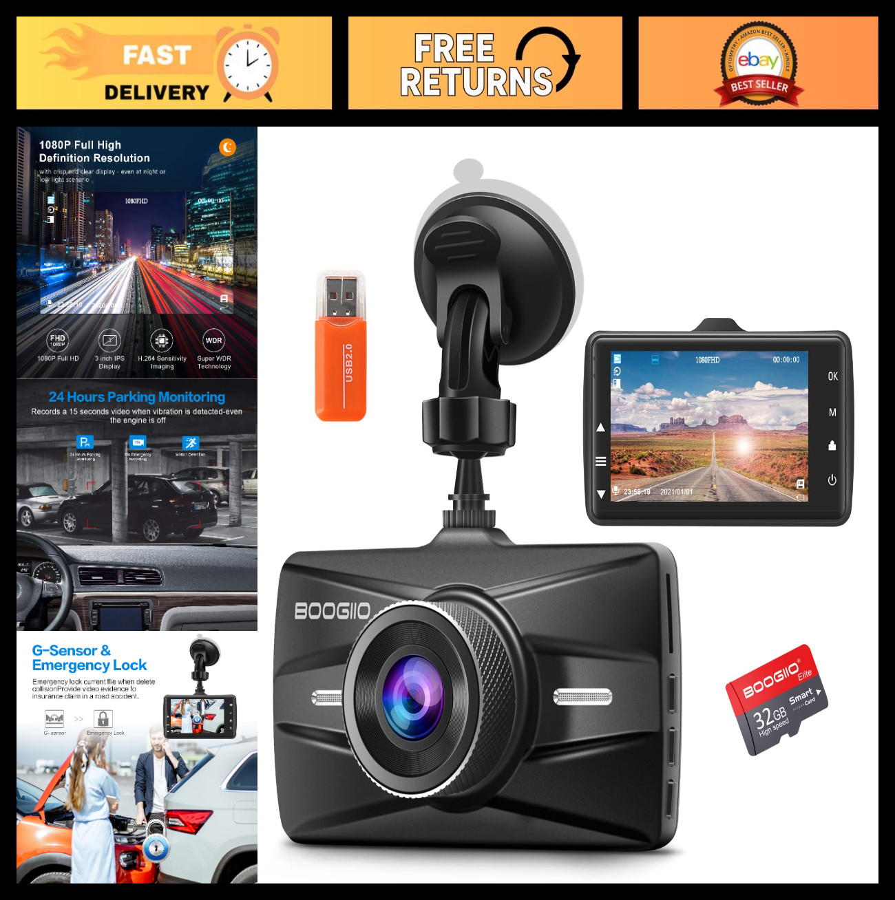Dash Cam Front with 32G SD Card, 1080P FHD Car Driving Recorder 3” IPS Screen